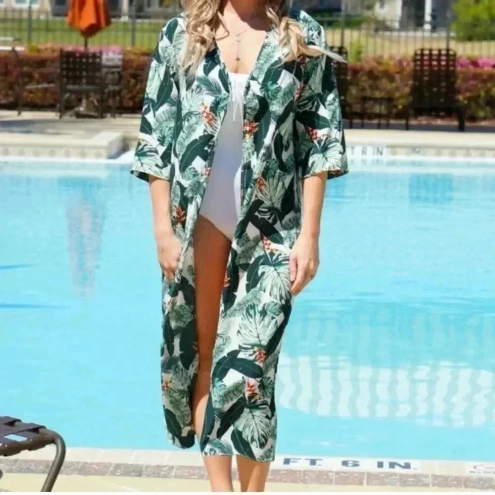 Rachel Zoe Swim Cover-Up Kimono Duster Tropical Palm Leaf Open Front  One Size